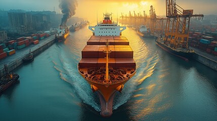 Cargo ship arriving at bustling port during sunset for maritime and shipping logistics theme