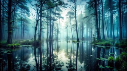 low angle view of misty foggy forest swamp background