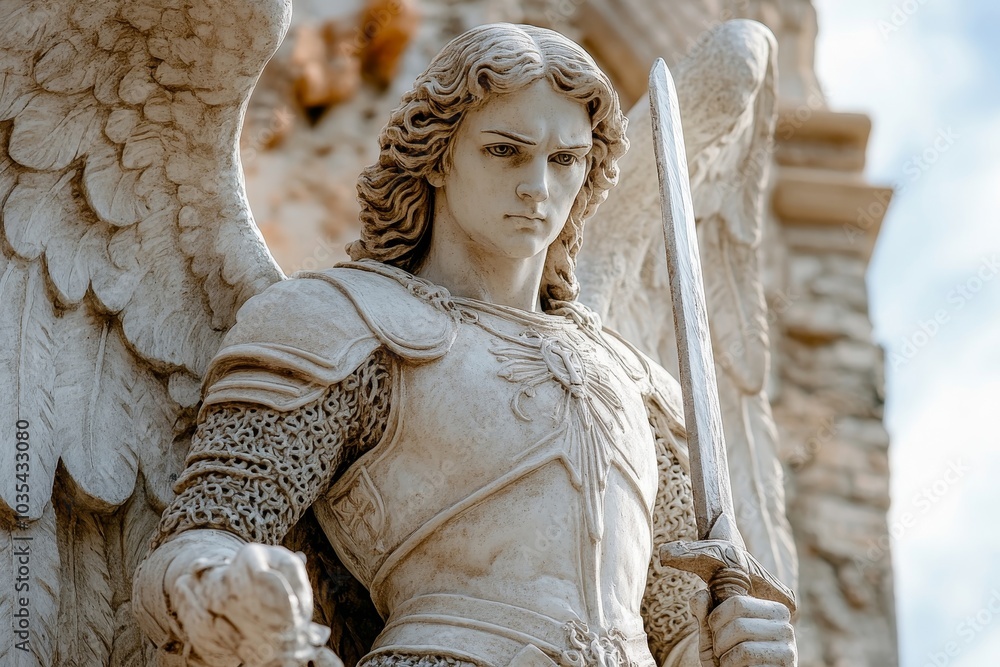 Statue of Archangel Michael with a sword on a black background ...