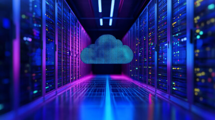 3D illustration of a server computer on a digital electronic background, featuring node-based programming data. Concept representing big data storage and cloud computing technology