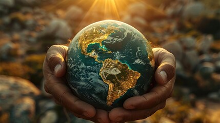 Aufkleber - A globe world with some growth, being held by manly hands, and sunshine.