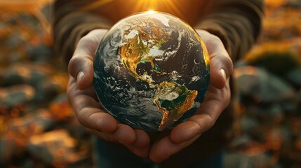 Leinwandbilder - A globe world with some growth, being held by manly hands, and sunshine.