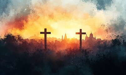 View on the three Crosses on Golgotha from the Holy Sepulchre at sunrise. Digital watercolor painting illustration, Generative AI