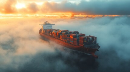 Aufkleber - A large cargo ship sails through dense fog at sunset, creating a dramatic contrast with vibrant clouds. The scene captures the ship's journey across a serene sea.