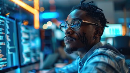 Canvas Print - A black software developer working on a computer while in an office with high technology equipment, data systems, and programming.