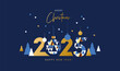 © Tanya - Merry Christmas and Happy New Year banner, greeting card, poster, holiday cover. Modern Xmas design in geometric style with triangle pattern, Christmas tree, ball, snow and 2025 number on night blue