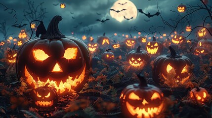 Spooky pumpkin patch at midnight, filled with Jack-o-lanterns of various sizes and expressions. Their carved grins glow with an unsettling orange light. 3D illustration.