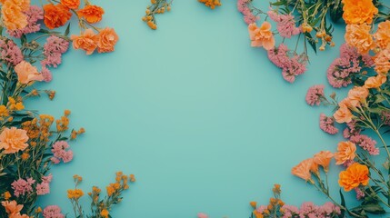 Wall Mural - a blue background with orange and pink flowers