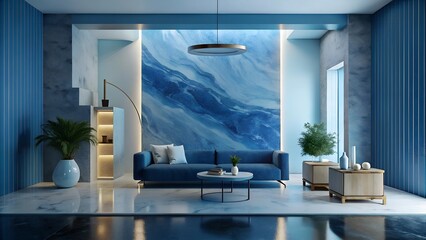 Minimalist interior design of modern living room with marble blue wall