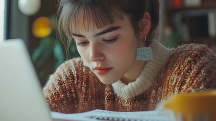 Wall Mural - A Young Woman Concentrating on Writing in a Cafe