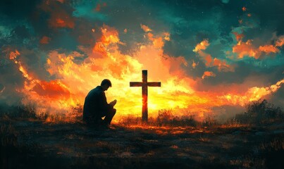 Illustration of a man praying in front of a cross, Generative AI