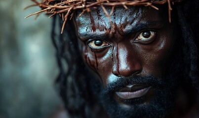 Portrait of black Jesus Christ with crown of thorns on his head. Black and white photorealistic portrait. Close-up, Generative AI