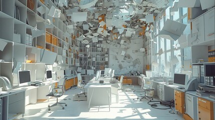 An open plan office in zero gravity conditions, with all of the desk, chairs and office paraphernalia floating in the air.