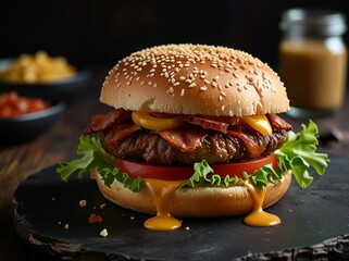 hamburger on a wooden table