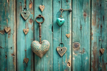 Nostalgic vintage-style photograph of hearts and keys adorning a rustic teal blue wood door, ideal for creating a romantic atmosphere in your decor.