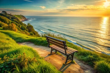 Overlooking the shoreline, a vintage park bench captures the serene coastal landscape. Soft lighting bathes the scene in warmth, creating a nostalgic and timeless escape by the sea.