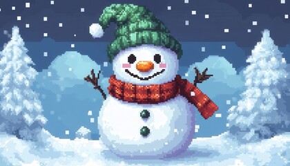 A cheerful snowman with a green hat and red scarf stands in a snowy landscape, surrounded by pine trees and falling snowflakes.