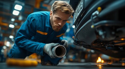 A mechanic is focused on inspecting a car's underbody in an automotive workshop, ensuring everything is in top condition for reliability and safety.