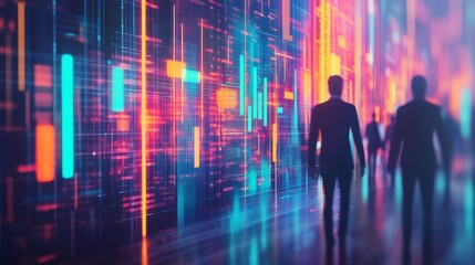 Wall Mural - silhouettes of businessmen walking through a futuristic digital landscape with glowing data streams,