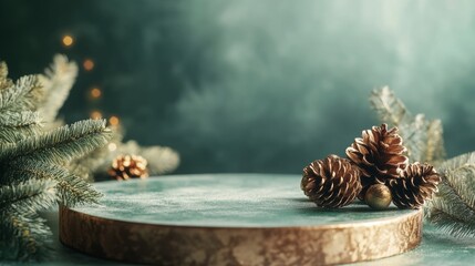 Aufkleber - A festive arrangement features pine cones and evergreen branches on a rustic wooden table, surrounded by soft, ambient light, creating a warm and inviting holiday atmosphere.