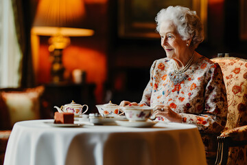 An elderly woman enjoys tea in a luxurious setting, wearing a floral blouse and a pearl necklace, exuding elegance and tranquility