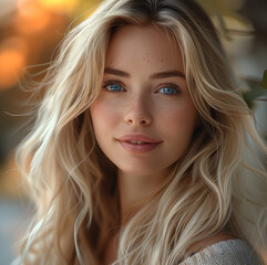 Wall Mural - a 19-year-old girl with long blonde hair and big blue eyes, smiling gently while looking directly into the camera. The lighting is natural and soft.