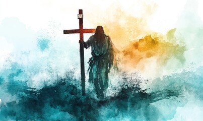 Jesus takes up his Cross. Digital watercolor painting illustration, Generative AI