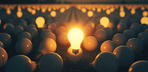 Wall Mural - A field of identical light bulbs, all turned off, except for one in the center glowing brightly, casting a warm light.