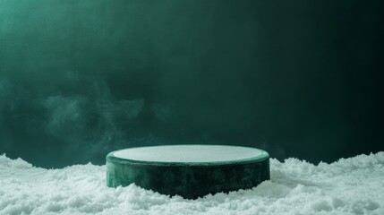 Aufkleber - A circular platform sits amidst a thick layer of soft snow, creating a serene winter atmosphere during dusk. The scene conveys calmness with subtle mist rising in the cool air.