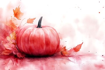 Wall Mural - Watercolor painting of a pumpkin with autumn leaves