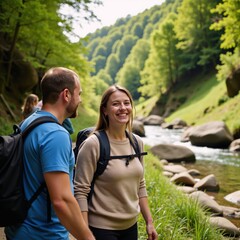 A young adult woman smiles happily while hiking with her friends wearing a thin sweater and carrying a hiking pack alongside another woman and a man