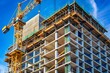 © Curie - The striking contrast of a tower crane against a modern building under construction and a bright blue sky makes it ideal for real estate and construction marketing.
