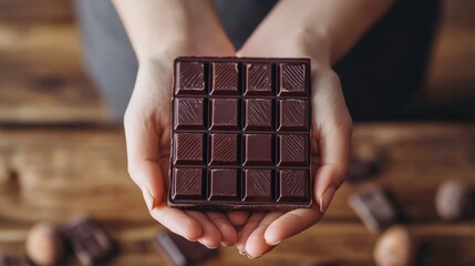 Hands cupping a perfect square of dark chocolate, showcasing its rich texture and geometric pattern against a rustic wooden background. Tempting treat for cocoa lovers.