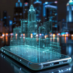 Poster - An smartphone with glowing projections of buildings coming out of it.