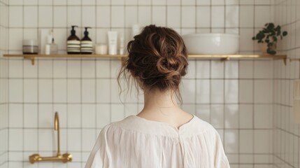 Poster - A woman with a messy bun faces away in a stylish bathroom featuring white tiles and gold accents. Shelves display various beauty products, highlighting a serene and minimalistic atmosphere.