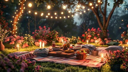 Wall Mural - A beautifully decorated garden with string lights, a picnic table set with flowers, and a variety of snacks and drinks 