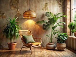 This inviting rustic room decor features a rattan chair, hanging lamp, and indoor plant, offering aesthetic inspiration for stunning home interior design elements.