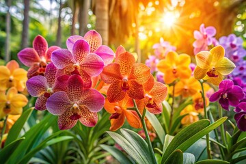 A stunning display of rare and exotic Vanda orchids in a lush tropical environment with bright sunlight and vibrant flowers, vanda, foliage