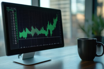 Close-up of modern computer screen displaying green stock market graph