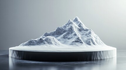 Fototapete - A striking mountain peak is covered in a thick layer of snow, sitting atop a circular base. The soft ambient light highlights its textures, creating a serene and minimalist atmosphere in the setting.