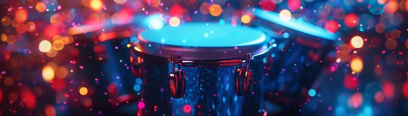 Wall Mural - A vibrant close-up of a drum surrounded by colorful lights, evoking a lively, musical atmosphere.