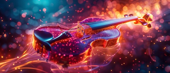 Wall Mural - A vibrant, glowing violin surrounded by colorful sparkles and light effects, creating a magical and artistic atmosphere.