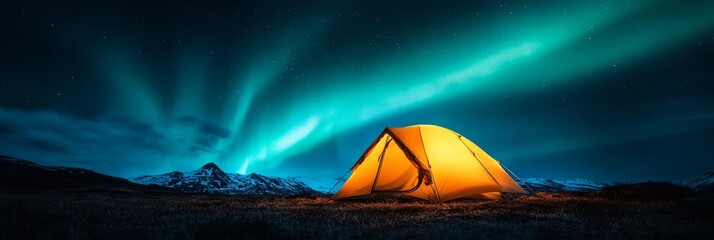 Poster - A glowing yellow camping tent sits illuminated under a stunning display of the aurora borealis, symbolizing adventure, exploration, nature, tranquility, and wonder.