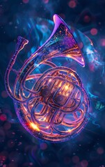 Wall Mural - A surreal, glowing brass instrument floats in a cosmic background filled with vibrant colors and abstract patterns.