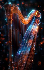 Wall Mural - A stunning close-up of a harp illuminated with vibrant colors, creating a dreamlike atmosphere filled with sparkling lights.