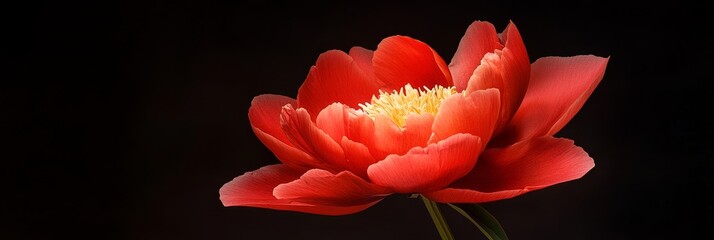 Canvas Print - A single velvety dark rose red peony bloom luxuriantly against a black background.  Elegance, beauty, passion, nature, and life.