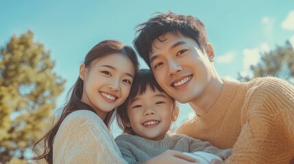 High-resolution photorealistic image of a happy young Asian family posing together outdoors, smiling at the camera and enjoying a sunny day. The professional color grading and high-end magazine