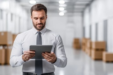 Manager working with tablet in sleek warehouse, store , supply chain