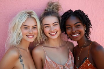 Cheerful young women with different skin tones smiling while standing together, Generative AI