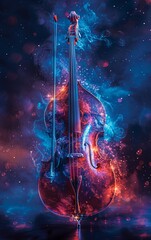 Wall Mural - A vibrant, cosmic representation of a violin surrounded by swirling colors, blending music with the essence of the universe.